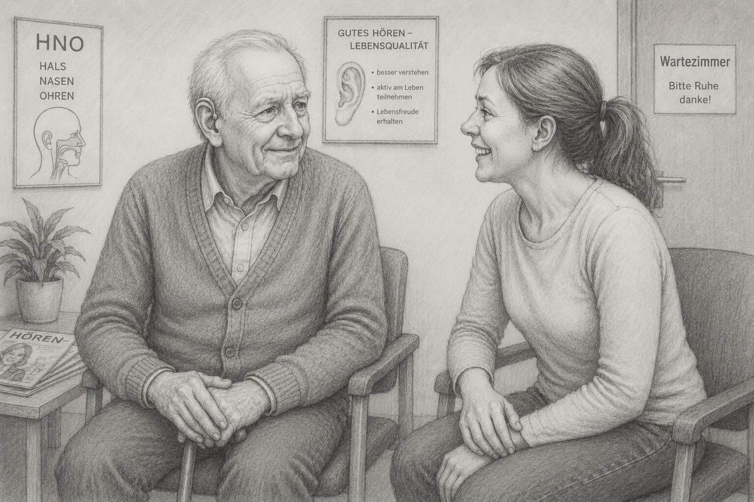 Älterer Mann und junge Frau im Gespräch in Wartezimmer.